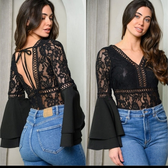 H.P.  BLACK LACE BODYSUIT WITH BELL SLEEVES - Picture 2 of 4